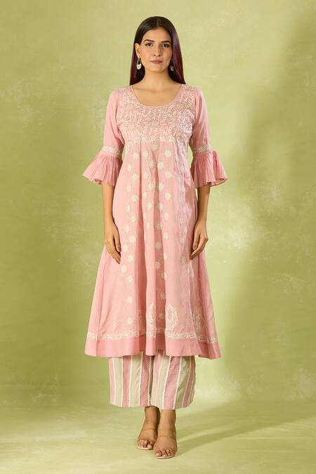 Shop House Of Kotwara Pink Cotton, Organza Embroidery Round Neck Kurta Set With Striped Pant Shop_House Of Kotwara_Pink Cotton, Organza Embroidery Round Neck Kurta Set With Striped Pant