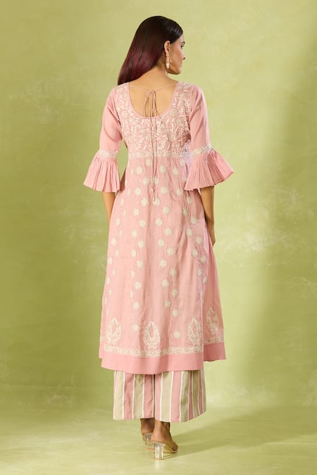 Shop House Of Kotwara Pink Cotton, Organza Embroidery Round Neck Kurta Set With Striped Pant at Aza Fashions Shop_House Of Kotwara_Pink Cotton, Organza Embroidery Round Neck Kurta Set With Striped Pant _at_Aza_Fashions