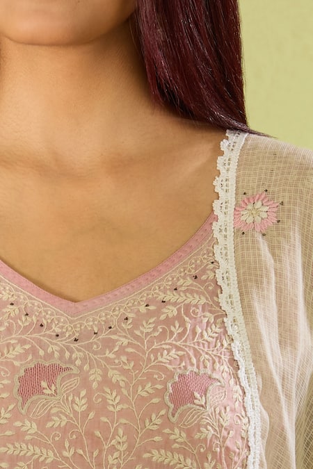 House Of Kotwara Pink Cotton, Kota Doria Embroidery V-neck Kurta Set With Dupatta Online at Aza Fashions House Of Kotwara_Pink Cotton, Kota Doria Embroidery V-neck Kurta Set With Dupatta _Online_at_Aza_Fashions