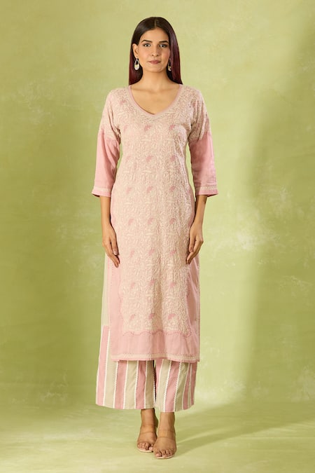 Shop House Of Kotwara Pink Cotton, Kota Doria Embroidery V-neck Kurta Set With Dupatta Online at Aza Fashions Shop_House Of Kotwara_Pink Cotton, Kota Doria Embroidery V-neck Kurta Set With Dupatta _Online_at_Aza_Fashions