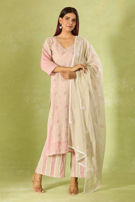 House Of Kotwara Pink Cotton, Kota Doria Embroidery V-neck Kurta Set With Dupatta at Aza Fashions House Of Kotwara_Pink Cotton, Kota Doria Embroidery V-neck Kurta Set With Dupatta _at_Aza_Fashions