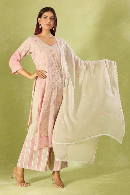 Buy House Of Kotwara Pink Cotton, Kota Doria Embroidery V-neck Kurta Set With Dupatta Buy_House Of Kotwara_Pink Cotton, Kota Doria Embroidery V-neck Kurta Set With Dupatta