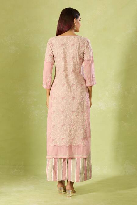 Shop House Of Kotwara Pink Cotton, Kota Doria Embroidery V-neck Kurta Set With Dupatta at Aza Fashions Shop_House Of Kotwara_Pink Cotton, Kota Doria Embroidery V-neck Kurta Set With Dupatta _at_Aza_Fashions
