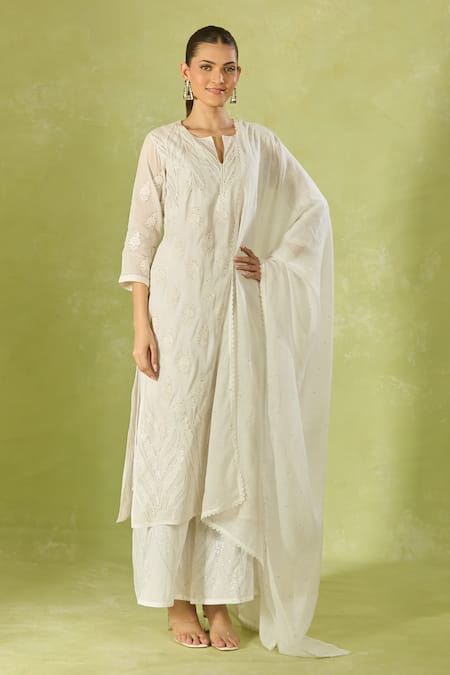 Buy_House Of Kotwara_Ivory Cotton, Organza, Kota Doria Embroidery, Sequins Kurta Set With Dupatta _Online_at_Aza_Fashions