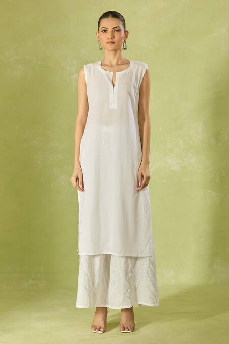 Shop_House Of Kotwara_Ivory Cotton, Organza, Kota Doria Embroidery, Sequins Kurta Set With Dupatta _Online_at_Aza_Fashions