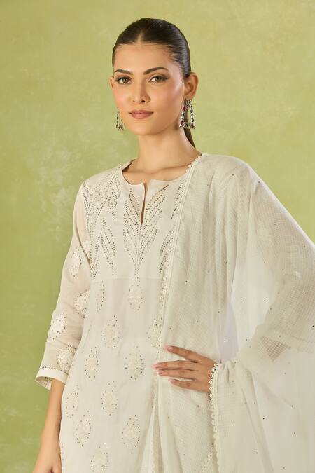 House Of Kotwara_Ivory Cotton, Organza, Kota Doria Embroidery, Sequins Kurta Set With Dupatta _at_Aza_Fashions