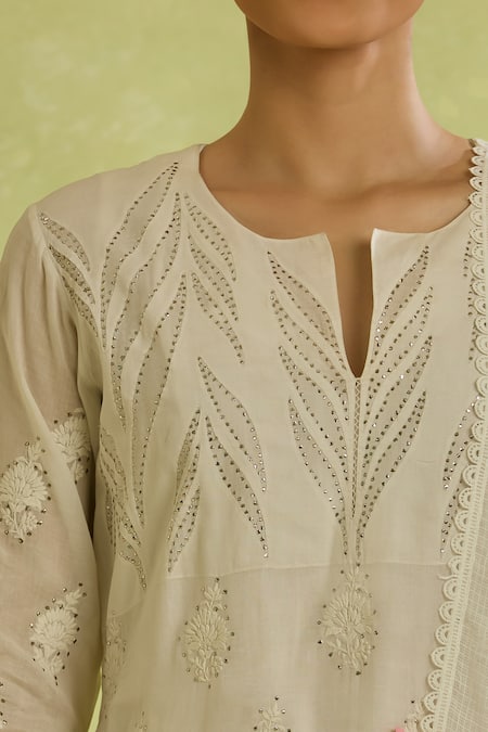 Buy_House Of Kotwara_Ivory Cotton, Organza, Kota Doria Embroidery, Sequins Kurta Set With Dupatta 