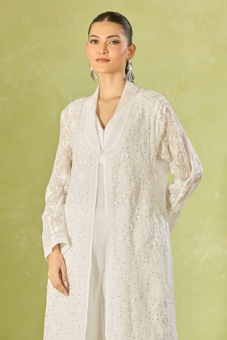 House Of Kotwara_Ivory Cotton, Organza Embroidery Collared Long Jacket _Online_at_Aza_Fashions