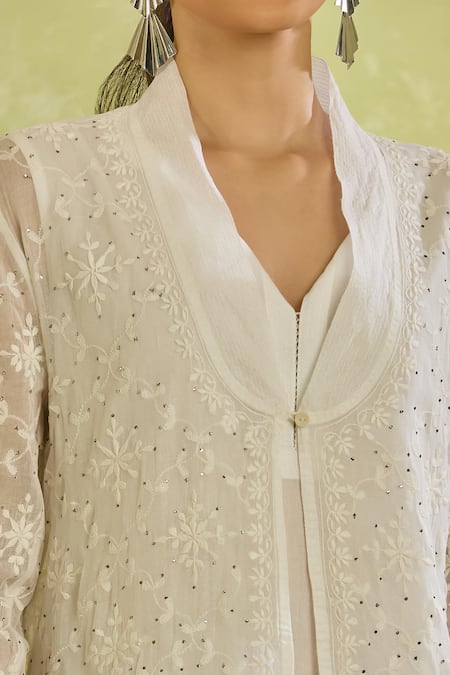 Buy_House Of Kotwara_Ivory Cotton, Organza Embroidery Collared Long Jacket _Online_at_Aza_Fashions