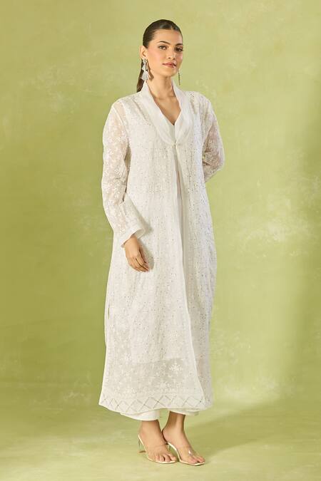 Shop_House Of Kotwara_Ivory Cotton, Organza Embroidery Collared Long Jacket _Online_at_Aza_Fashions