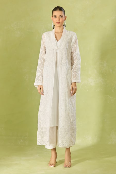 House Of Kotwara_Ivory Cotton, Organza Embroidery Collared Long Jacket _at_Aza_Fashions