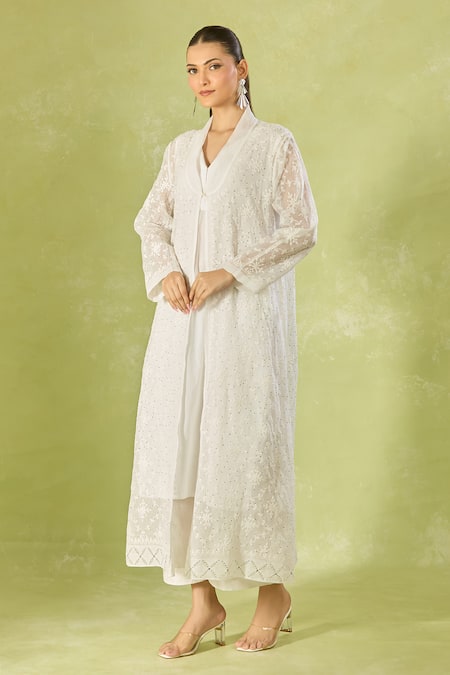 Buy_House Of Kotwara_Ivory Cotton, Organza Embroidery Collared Long Jacket 
