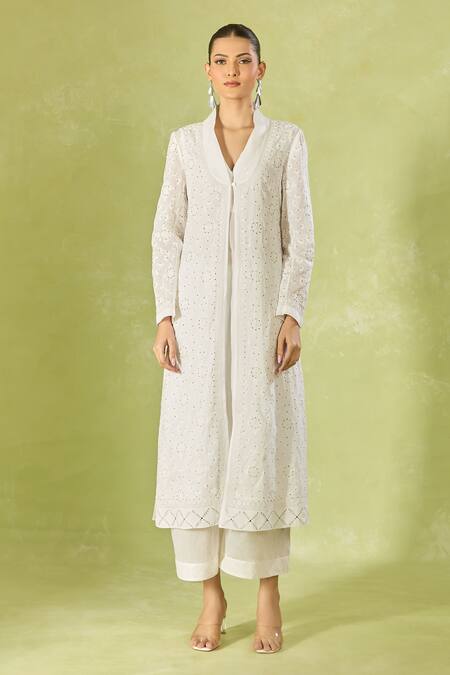 House Of Kotwara Ivory Cotton, Organza Embroidery V-neck Long Jacket Online at Aza Fashions House Of Kotwara_Ivory Cotton, Organza Embroidery V-neck Long Jacket _Online_at_Aza_Fashions