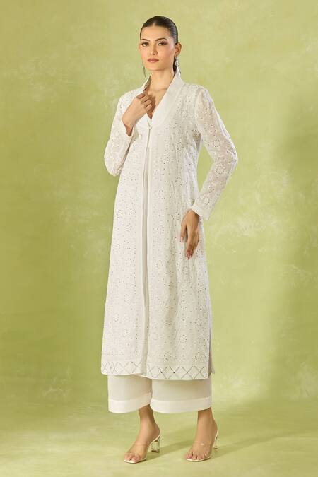Buy House Of Kotwara Ivory Cotton, Organza Embroidery V-neck Long Jacket Online at Aza Fashions Buy_House Of Kotwara_Ivory Cotton, Organza Embroidery V-neck Long Jacket _Online_at_Aza_Fashions