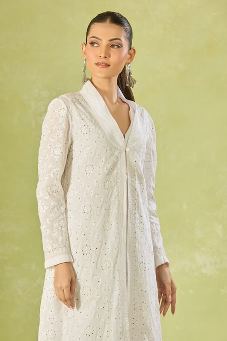 Shop House Of Kotwara Ivory Cotton, Organza Embroidery V-neck Long Jacket Online at Aza Fashions Shop_House Of Kotwara_Ivory Cotton, Organza Embroidery V-neck Long Jacket _Online_at_Aza_Fashions