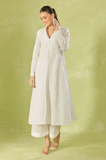 House Of Kotwara Ivory Cotton, Organza Embroidery V-neck Long Jacket at Aza Fashions House Of Kotwara_Ivory Cotton, Organza Embroidery V-neck Long Jacket _at_Aza_Fashions