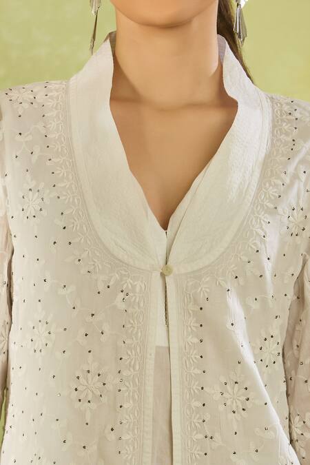 Buy House Of Kotwara Ivory Cotton, Organza Embroidery V-neck Long Jacket Buy_House Of Kotwara_Ivory Cotton, Organza Embroidery V-neck Long Jacket