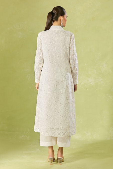 Shop House Of Kotwara Ivory Cotton, Organza Embroidery V-neck Long Jacket at Aza Fashions Shop_House Of Kotwara_Ivory Cotton, Organza Embroidery V-neck Long Jacket _at_Aza_Fashions