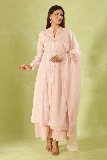 House Of Kotwara Pink Embroidery Collared Straight Kurta Set With Cambric Pant Online at Aza Fashions House Of Kotwara_Pink Embroidery Collared Straight Kurta Set With Cambric Pant _Online_at_Aza_Fashions