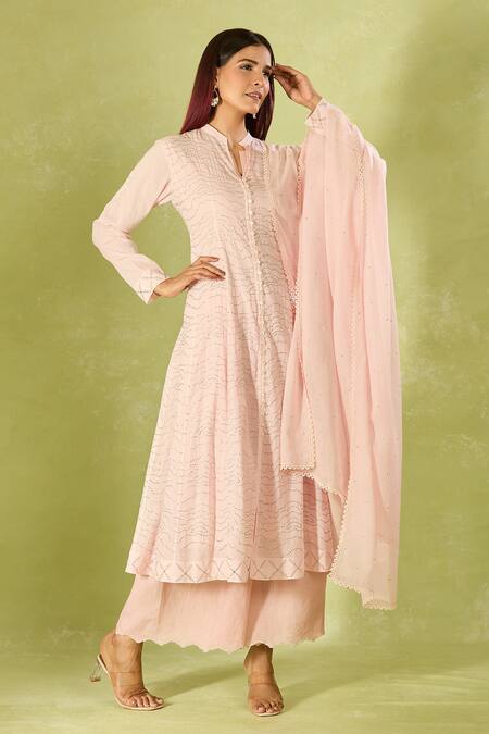 House Of Kotwara Pink Embroidery Collared Straight Kurta Set With Cambric Pant at Aza Fashions House Of Kotwara_Pink Embroidery Collared Straight Kurta Set With Cambric Pant _at_Aza_Fashions