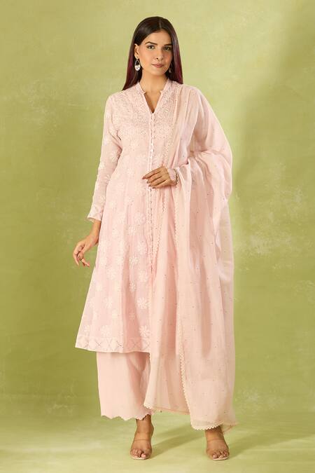 Shop_House Of Kotwara_Pink Embroidery Collared Kurta Set With Dupatta _Online_at_Aza_Fashions