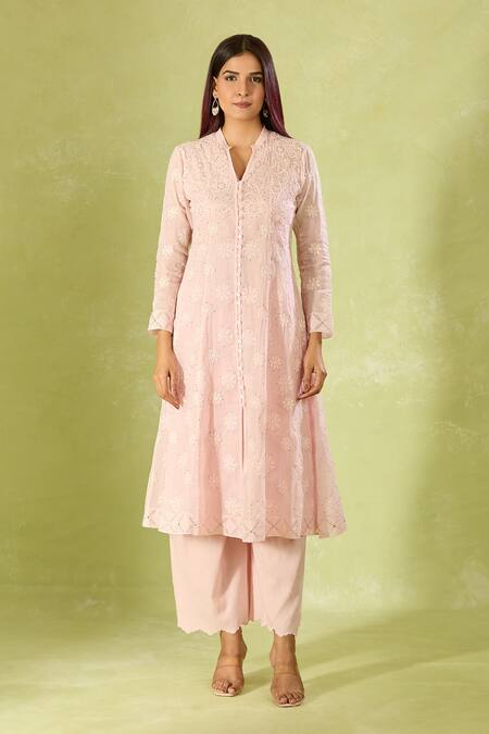House Of Kotwara_Pink Embroidery Collared Kurta Set With Dupatta _at_Aza_Fashions