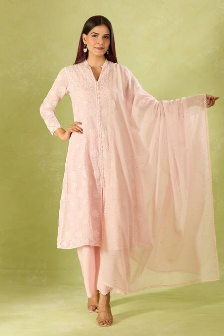 Buy_House Of Kotwara_Pink Embroidery Collared Kurta Set With Dupatta 