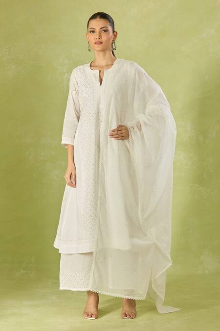House Of Kotwara_White Cotton Embroidery Split V-neck Kurta Set With Dupatta _Online_at_Aza_Fashions