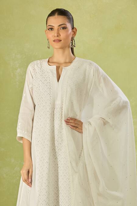 House Of Kotwara_White Cotton Embroidery Split V-neck Kurta Set With Dupatta _at_Aza_Fashions