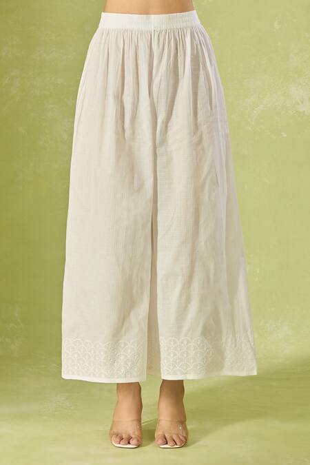 House Of Kotwara_White Cotton Embroidery Split V-neck Kurta Set _at_Aza_Fashions