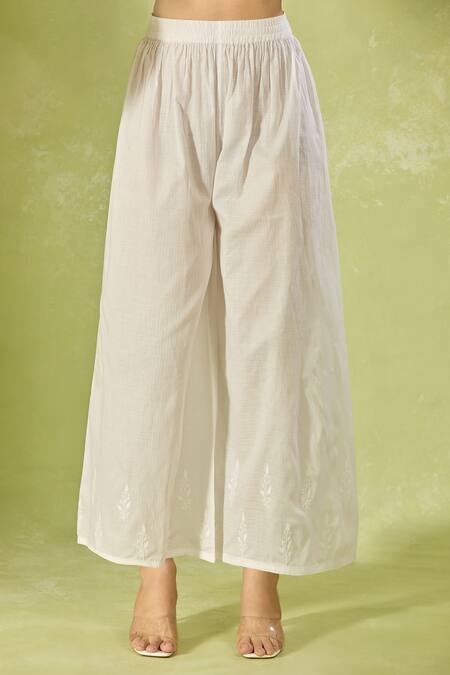 House Of Kotwara_White Cotton, Organza Embroidery Split V-neck Lawn Kurta Set With Dupatta _Online_at_Aza_Fashions