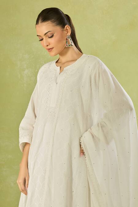 House Of Kotwara_White Cotton, Organza Embroidery Split V-neck Lawn Kurta Set With Dupatta _at_Aza_Fashions
