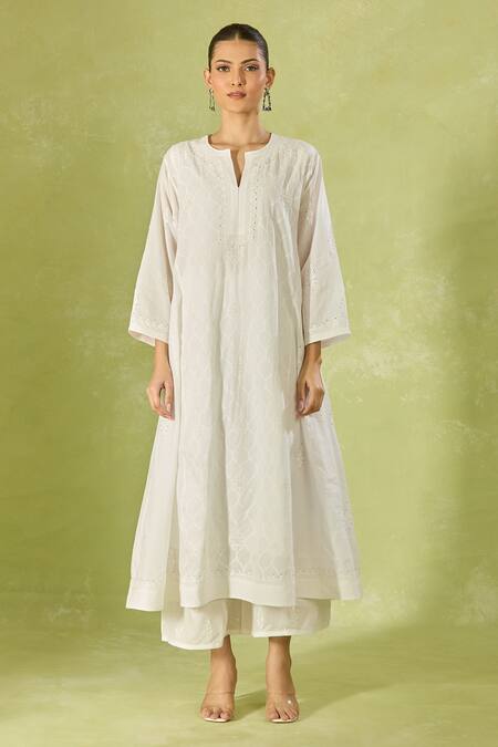 Buy_House Of Kotwara_White Cotton, Organza Embroidery Split V-neck Lawn Kurta Set With Dupatta 