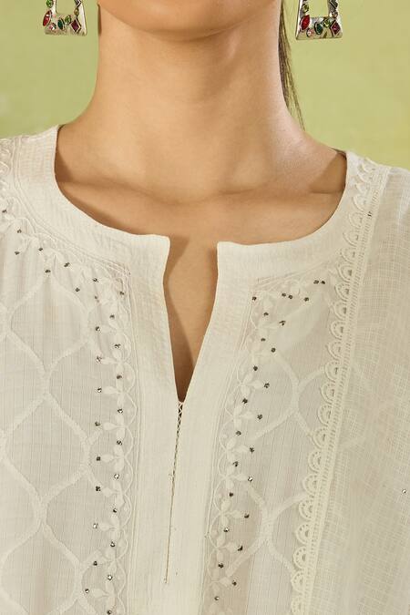 Buy House Of Kotwara White Cotton, Kota Doria Embroidery Split V-neck Kurta Set Buy_House Of Kotwara_White Cotton, Kota Doria Embroidery Split V-neck Kurta Set