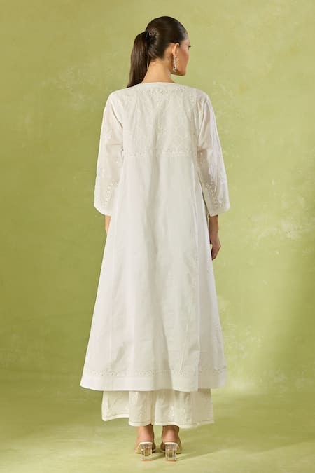 Shop House Of Kotwara White Cotton, Kota Doria Embroidery Split V-neck Kurta Set at Aza Fashions Shop_House Of Kotwara_White Cotton, Kota Doria Embroidery Split V-neck Kurta Set _at_Aza_Fashions