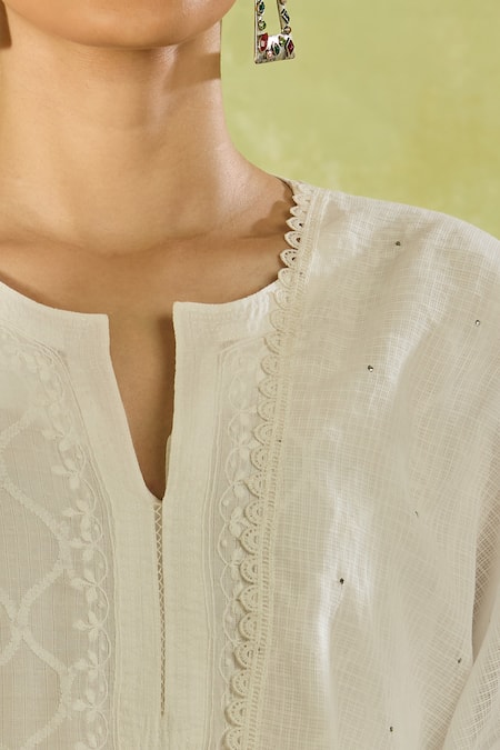 House Of Kotwara_White Cotton Embroidery Keyhole Neck Lawn Kurta Set _Online_at_Aza_Fashions