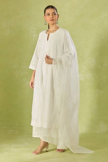 Buy_House Of Kotwara_White Cotton Embroidery Keyhole Neck Lawn Kurta Set _Online_at_Aza_Fashions