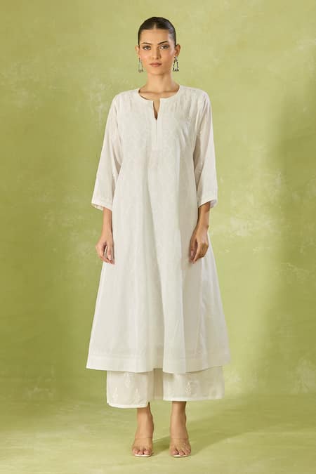 Shop_House Of Kotwara_White Cotton Embroidery Keyhole Neck Lawn Kurta Set _Online_at_Aza_Fashions