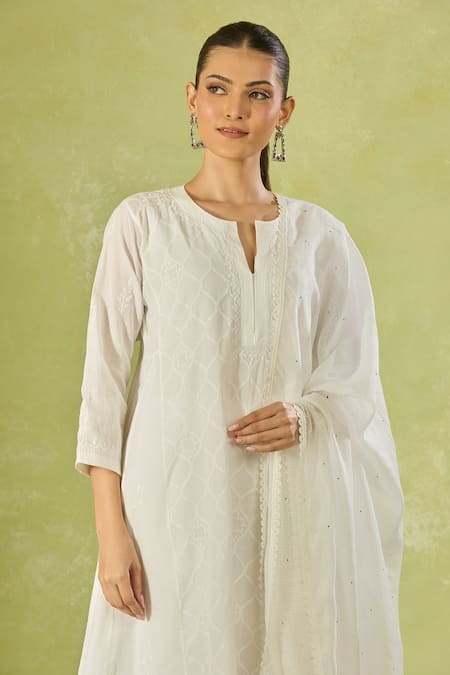 House Of Kotwara_White Cotton Embroidery Keyhole Neck Lawn Kurta Set _at_Aza_Fashions