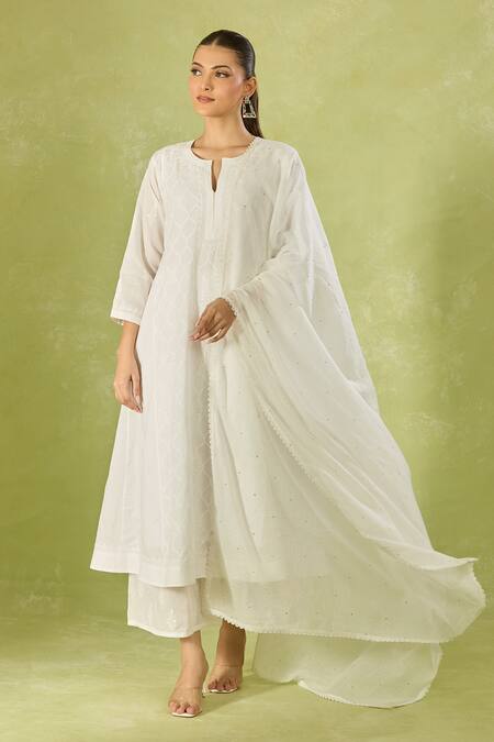 Shop_House Of Kotwara_White Cotton Embroidery Keyhole Neck Lawn Kurta Set 