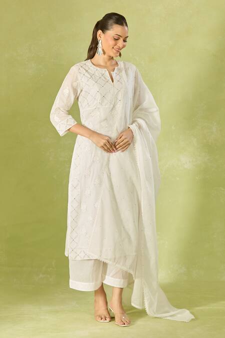 Shop House Of Kotwara White Cotton Embroidery Keyhole Neck Straight Kurta Set With Inner Slip Online at Aza Fashions Shop_House Of Kotwara_White Cotton Embroidery Keyhole Neck Straight Kurta Set With Inner Slip _Online_at_Aza_Fashions