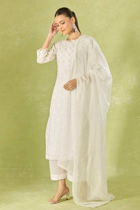 Buy House Of Kotwara White Cotton Embroidery Keyhole Neck Straight Kurta Set With Inner Slip Buy_House Of Kotwara_White Cotton Embroidery Keyhole Neck Straight Kurta Set With Inner Slip