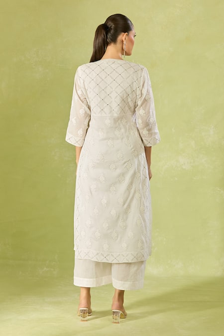 Shop House Of Kotwara White Cotton Embroidery Keyhole Neck Straight Kurta Set With Inner Slip at Aza Fashions Shop_House Of Kotwara_White Cotton Embroidery Keyhole Neck Straight Kurta Set With Inner Slip _at_Aza_Fashions