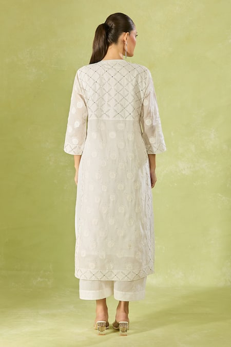 Shop House Of Kotwara White Cotton, Organza, Kota Doria Embroidery Split V-neck Straight Kurta Set at Aza Fashions Shop_House Of Kotwara_White Cotton, Organza, Kota Doria Embroidery Split V-neck Straight Kurta Set _at_Aza_Fashions