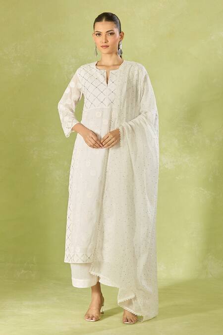 House Of Kotwara White Cotton, Organza, Kota Doria Embroidery Split V-neck Straight Kurta Set at Aza Fashions House Of Kotwara_White Cotton, Organza, Kota Doria Embroidery Split V-neck Straight Kurta Set _at_Aza_Fashions
