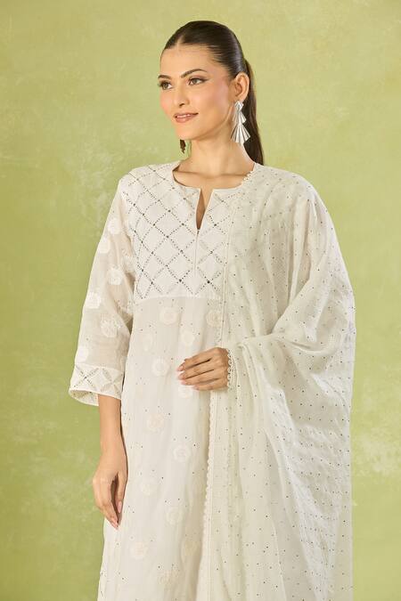 Buy House Of Kotwara White Cotton, Organza, Kota Doria Embroidery Split V-neck Straight Kurta Set Buy_House Of Kotwara_White Cotton, Organza, Kota Doria Embroidery Split V-neck Straight Kurta Set