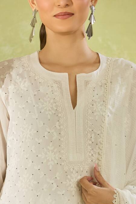 Shop House Of Kotwara White Cotton, Organza, Kota Doria Sequins, Straight Kurta Set With Dupatta Shop_House Of Kotwara_White Cotton, Organza, Kota Doria Sequins, Straight Kurta Set With Dupatta