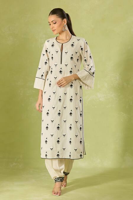 Buy House Of Kotwara Ivory Cotton Embroidery Keyhole Neck Kurta And Pant Set Online at Aza Fashions Buy_House Of Kotwara_Ivory Cotton Embroidery Keyhole Neck Kurta And Pant Set _Online_at_Aza_Fashions