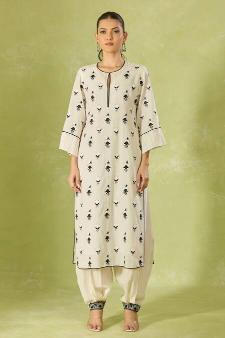 Shop House Of Kotwara Ivory Cotton Embroidery Keyhole Neck Kurta And Pant Set Online at Aza Fashions Shop_House Of Kotwara_Ivory Cotton Embroidery Keyhole Neck Kurta And Pant Set _Online_at_Aza_Fashions