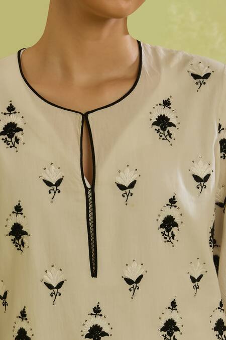 House Of Kotwara Ivory Cotton Embroidery Keyhole Neck Kurta And Pant Set at Aza Fashions House Of Kotwara_Ivory Cotton Embroidery Keyhole Neck Kurta And Pant Set _at_Aza_Fashions